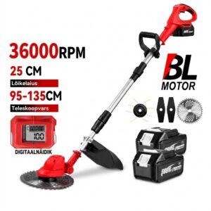 ONEVAN 4000W akutrimmer – juhtmevaba, BL-mootor, 10-tolline lõiketera, teleskoopkäepide 95-135cm, 2 akut