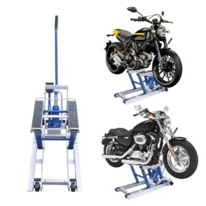Hüdrauliline mootorratta tõstuk 680kg, jalapedaaliga, rataste ja juhthoovaga, kummiga kaetud platvorm