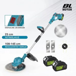 Harjadeta akutrimmer 21V kahe akuga, teleskoopvars, LED-ekraan, 3 lõikepead – muru, rohu ja võsa jaoks