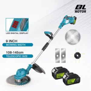 Harjadeta akutrimmer 21V kahe akuga, teleskoopvars, LED-ekraan, 3 lõikepead – muru, rohu ja võsa jaoks