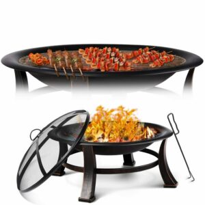 Outdoor Fire Pit 76 cm ümmargune aiakamin musta terasraami ja pronksiviimistlusega. Kaasas sädemekaitse, BBQ grillrest ja veekindel kate. Sobib ideaalselt aeda, terrassile ja suvekodusse meeleolu loomiseks ja väliküpsetuseks.