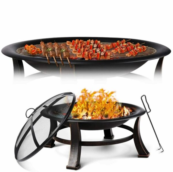 Outdoor Fire Pit 76 cm ümmargune aiakamin musta terasraami ja pronksiviimistlusega. Kaasas sädemekaitse, BBQ grillrest ja veekindel kate. Sobib ideaalselt aeda, terrassile ja suvekodusse meeleolu loomiseks ja väliküpsetuseks.