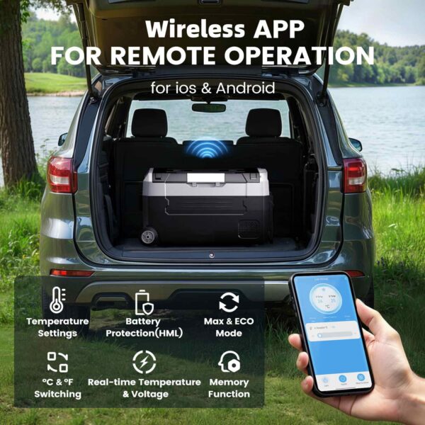 KROAK Autokülmik 35L – Kahe tsooniga kaasaskantav külmik ja sügavkülmik – Bluetooth-äpi juhtimine – Rattad – -20°C kuni +20°C – 12V/24V ja 230V – Reisimine, Telkimine, Paadid - Image 2