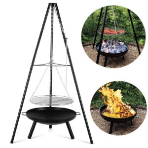 Rotisserie grill koos tulekausiga, millel on reguleeritav kõrgus, kolmnurkne metallraam ja 52 cm läbimõõduga grillrest. Sobib ideaalselt välitingimustesse – aeda, terrassile, kämpingusse ja randa.