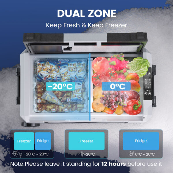 KROAK Autokülmik 35L – Kahe tsooniga kaasaskantav külmik ja sügavkülmik – Bluetooth-äpi juhtimine – Rattad – -20°C kuni +20°C – 12V/24V ja 230V – Reisimine, Telkimine, Paadid - Image 6