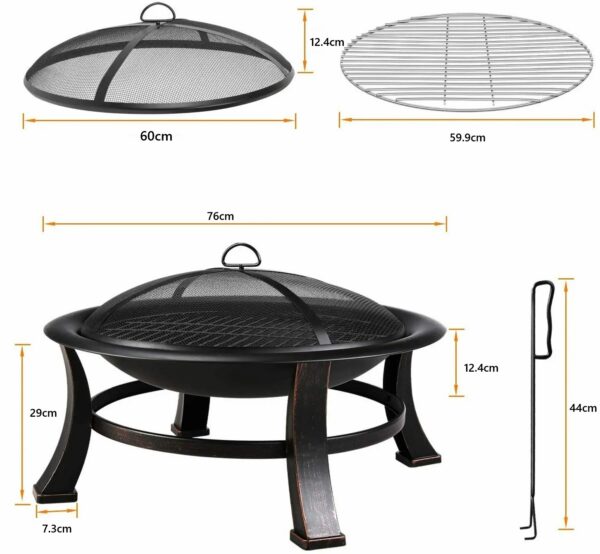 Outdoor Fire Pit 76 cm ümmargune aiakamin BBQ grilliga, sädemekaitse, küpsetusrest ja tuharoop – Veekindel kate ja transportimiseks mugav disain - Image 5
