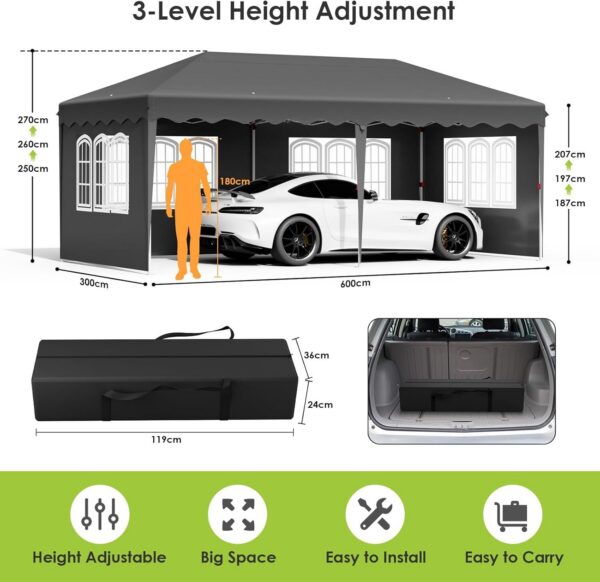 Popup Gazebo 3x6m veekindel aiatelk, 6 seinapaneeliga, UV50+ kaitse, reguleeritav kõrgus (2-3m), kokkupandav aiapaviljon, peotelk, pulm, aiamööbli varjualune - Image 9