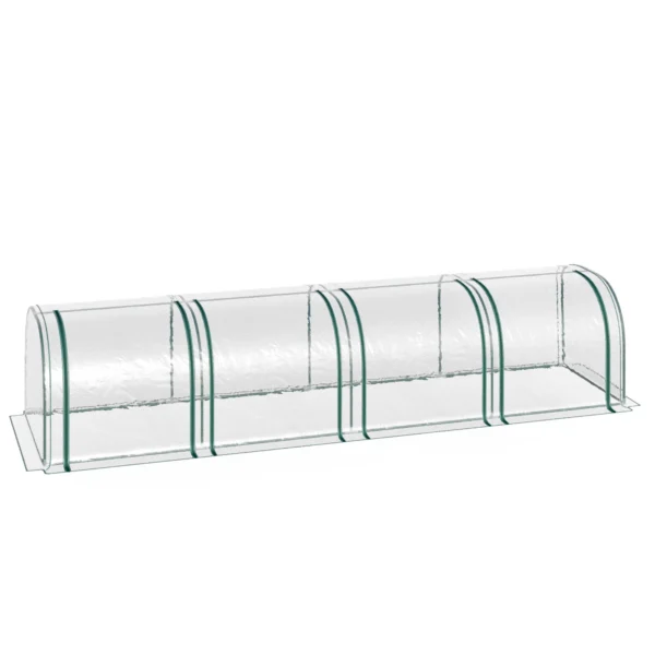 UV-kindlast PVC-st lameda kujuga kasvuhoone taimedele mõõtmetega 395×100×80 cm, terastoruraamiga ja nelja tõmblukuga aknaga. Sobib rõdule, terrassile või aeda aastaringseks kasutamiseks.
