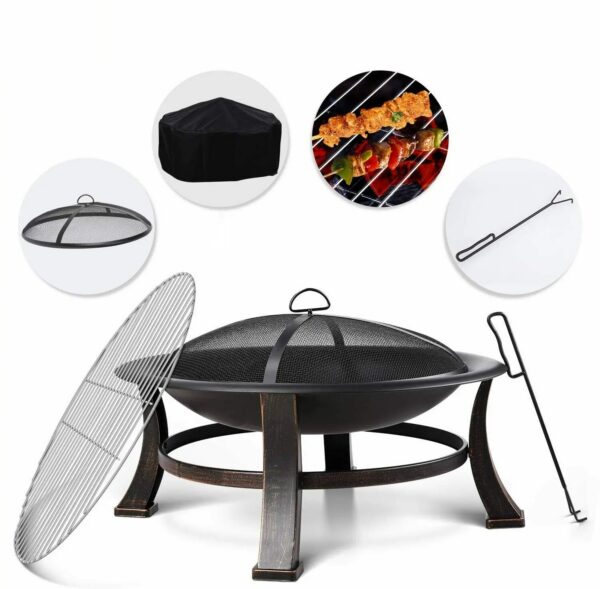 Outdoor Fire Pit 76 cm ümmargune aiakamin BBQ grilliga, sädemekaitse, küpsetusrest ja tuharoop – Veekindel kate ja transportimiseks mugav disain - Image 2