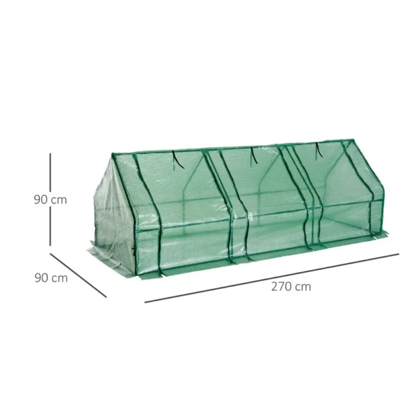 Kasvuhoone 270 × 90 × 90 cm – Roheline PE Kate 140g/m², Terastorud Ø16 mm, Taimedele ja Lilledele, 3 Lukuga Ava, Pikendatud Alumine Serv - Image 3