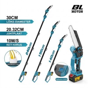 8-tolline teleskoopvarrega harjavaba kettsaag koos reguleeritava pea ja 2x 4.0Ah akudega, sobib kõrgete okste lõikamiseks ja viljapuu hoolduseks.