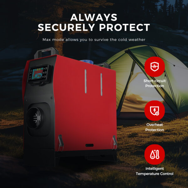 ALL-IN-ONE Diiselsoojendi 8KW 12V/24V LCD Ekraani ja Kaugjuhtimispuldiga – Auto, Haagise, Veoki või Töökabiini Kütteseade – Kiire Soojendus, Vaikne Töö, 5L Mahutavus | Punane/Must - Image 4