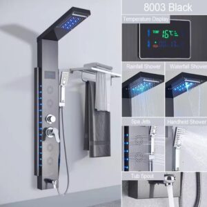 Stiilne must-titaan LED-dušipaneel vannituppa – vihmaduši, kaskaadi, massaažijugade ja voolujõul töötava digitaalse temperatuurinäidikuga
