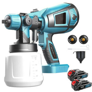 Akutoitega HVLP värviprits koos 2 Makita B-seeria akuga ja kiirlaadijaga – sobib koduseks ja professionaalseks värvitööks.