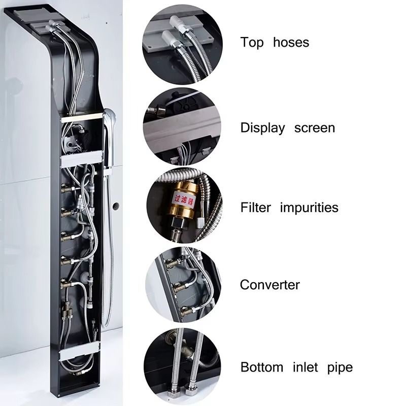 LED Dušipaneel Termomeetriga – Must Massaažidušš 6 Funktsiooniga Veejõul Töötab | Vihmadušš, Käsidušš, Bidee, Vanninokk - Image 2