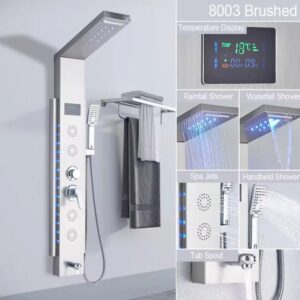 Stiilne must-titaan LED-dušipaneel vannituppa – vihmaduši, kaskaadi, massaažijugade ja voolujõul töötava digitaalse temperatuurinäidikuga