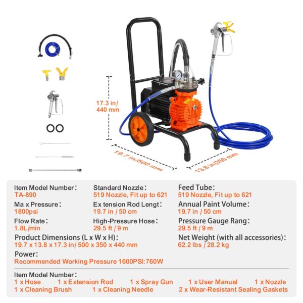 Airless Värvipritsi Komplekt Ratastel | 900W 1800PSI Pritsesurve, Pikendustoru ja Tarvikud - Image 5