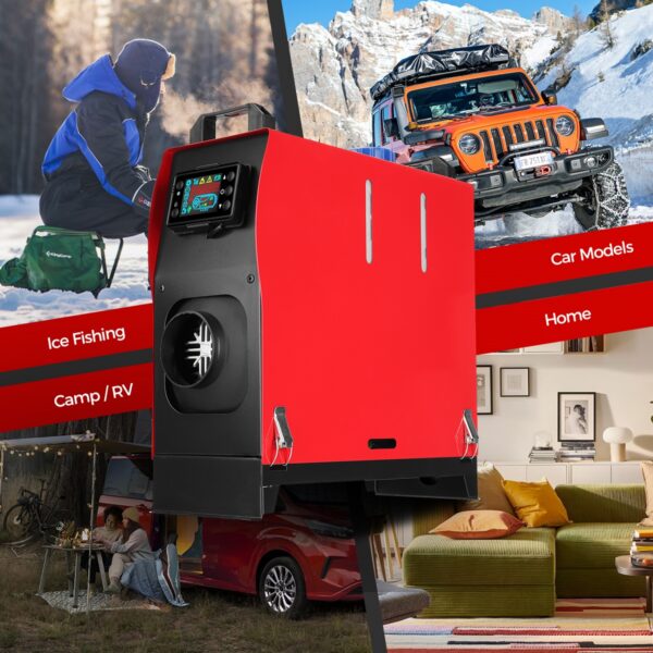 ALL-IN-ONE Diiselsoojendi 8KW 12V/24V LCD Ekraani ja Kaugjuhtimispuldiga – Auto, Haagise, Veoki või Töökabiini Kütteseade – Kiire Soojendus, Vaikne Töö, 5L Mahutavus | Punane/Must - Image 3