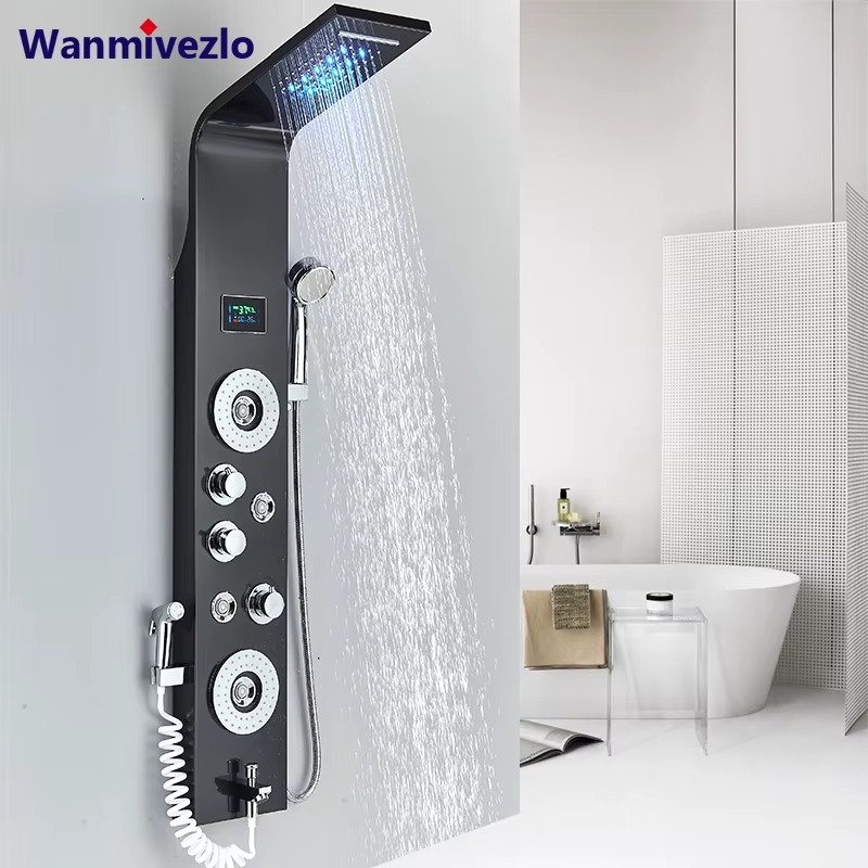 LED Dušipaneel Termomeetriga – Must Massaažidušš 6 Funktsiooniga Veejõul Töötab | Vihmadušš, Käsidušš, Bidee, Vanninokk - Image 4