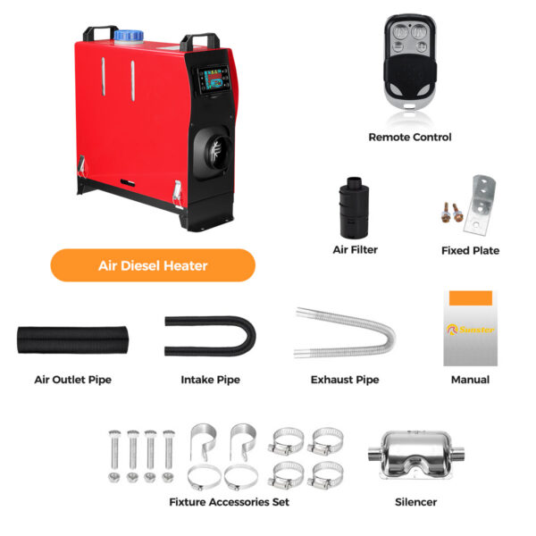 ALL-IN-ONE Diiselsoojendi 8KW 12V/24V LCD Ekraani ja Kaugjuhtimispuldiga – Auto, Haagise, Veoki või Töökabiini Kütteseade – Kiire Soojendus, Vaikne Töö, 5L Mahutavus | Punane/Must - Image 2