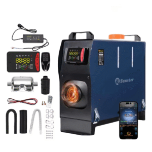 8kW diiselõhukütteseade LCD-ekraani, kaugjuhtimispuldi ja APP-juhtimisega. Töötab 12V/24V või 220V vooluga, sobib autosse, matkabussi, telki, garaaži või tööruumi.