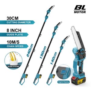 8-tolline teleskoopvarrega harjavaba kettsaag koos reguleeritava pea ja 2x 4.0Ah akudega, sobib kõrgete okste lõikamiseks ja viljapuu hoolduseks.