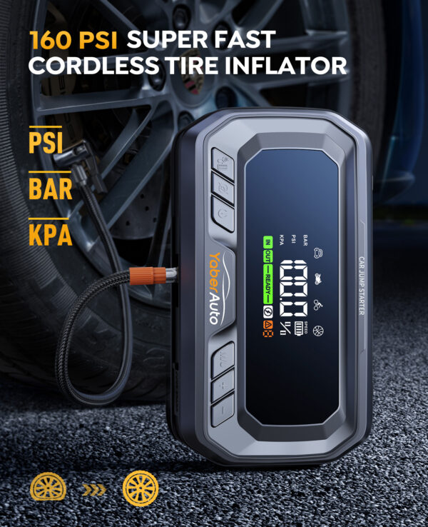 Yaber 4in1 6000A Auto Käivitusabi | PD65W Powerbank, 160PSI Kompressor, SOS Taskulamp, USB-C Kiirlaadija – Bensiin & Diiselmootoritele - Image 5
