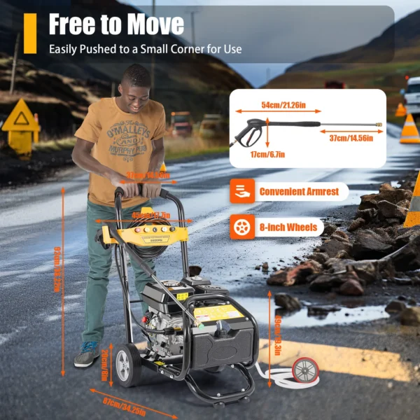 Bensiinimootoriga Survepesur 2200PSI – 7.5HP 3400RPM Mootoriga Kõrgsurvepesur Ratastega – Autode, Terrasside, Sõiduteede, Seinte ja Katuste Puhastuseks + 5 Pihustit ja Vahupott - Image 5