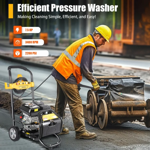 Bensiinimootoriga Survepesur 2200PSI – 7.5HP 3400RPM Mootoriga Kõrgsurvepesur Ratastega – Autode, Terrasside, Sõiduteede, Seinte ja Katuste Puhastuseks + 5 Pihustit ja Vahupott - Image 4