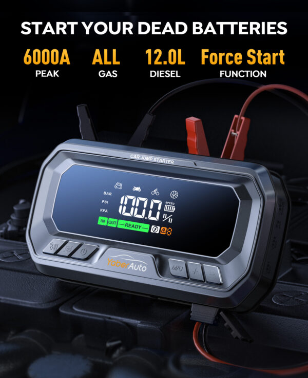 Yaber 4in1 6000A Auto Käivitusabi | PD65W Powerbank, 160PSI Kompressor, SOS Taskulamp, USB-C Kiirlaadija – Bensiin & Diiselmootoritele - Image 6