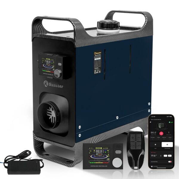 Sunster 8kW diiselsoojendi 12V/24V/220V – LCD, Bluetooth, vaikne töö, kaasaskantav kütteseade