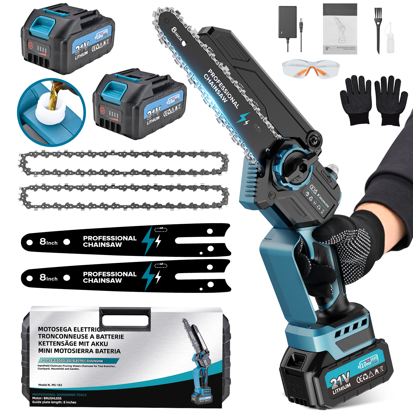 1200W harjavaba 8-tolline akukettsaag kahe 21V 4000mAh akuga – sobib puude lõikamiseks, aia hoolduseks ja ehitustöödeks.