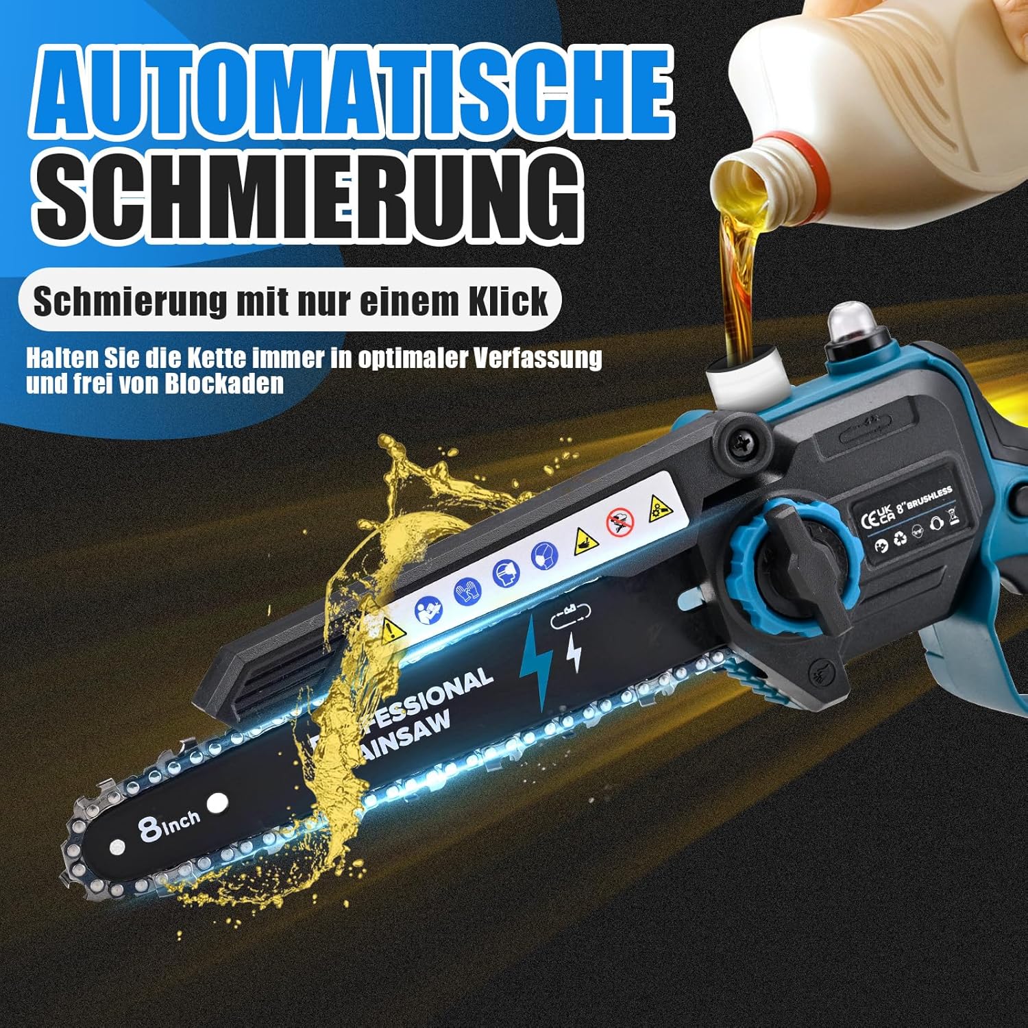 Elektriline Akusaag 8-tolline – 2x 21V 4000mAh Aku + Õlipump + Kohver – Harjavaba Mootoriga Kettsaag Puude Saagimiseks - Image 4