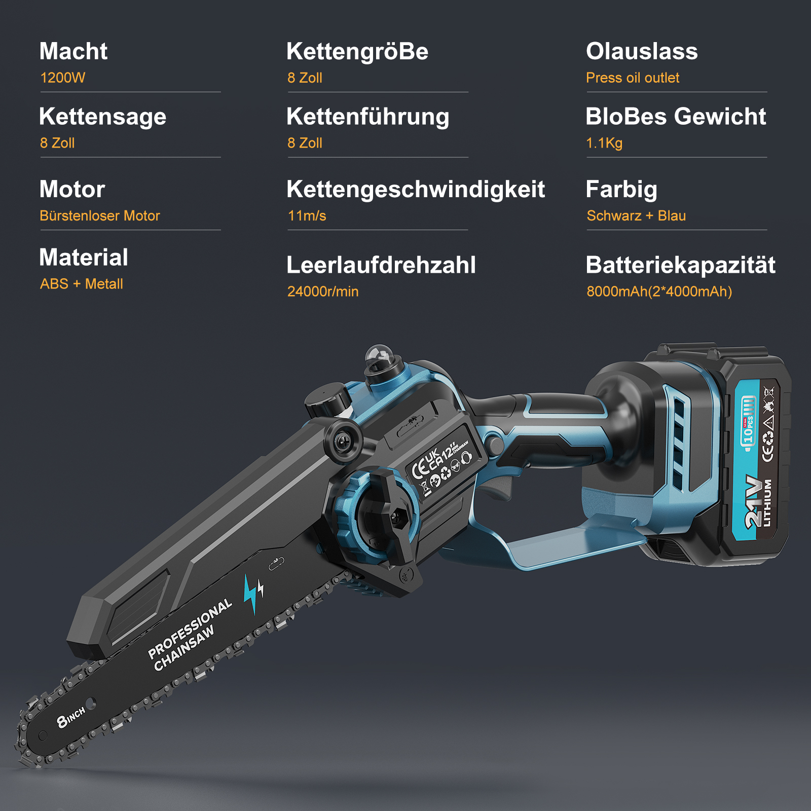 Elektriline Akusaag 8-tolline – 2x 21V 4000mAh Aku + Õlipump + Kohver – Harjavaba Mootoriga Kettsaag Puude Saagimiseks - Image 2