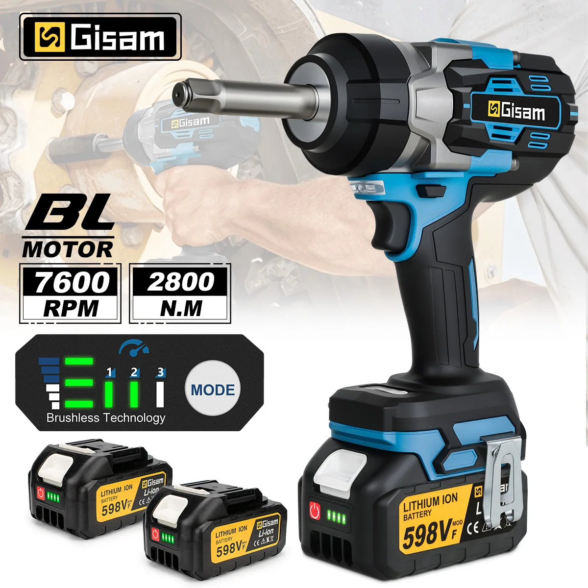 2800N.M harjadeta elektriline mutrikeeraja kahe 4.0Ah akuga ja pikendatud 1/2" võlliga – sobib raskete mutrite ja poltide eemaldamiseks.