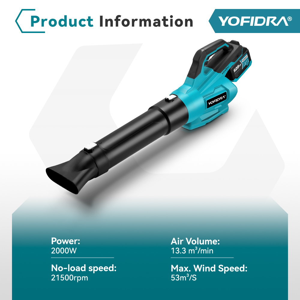 Juhtmevaba Lehepuhur 2000W 18V – YOFIDRA Harjadeta Õhupuhur 2x 388VF Akuga + Kohver ja 3 Otsikut – Aia, Auto, Garaaži, Tolmu ja Lumi Puhastuseks - Image 5