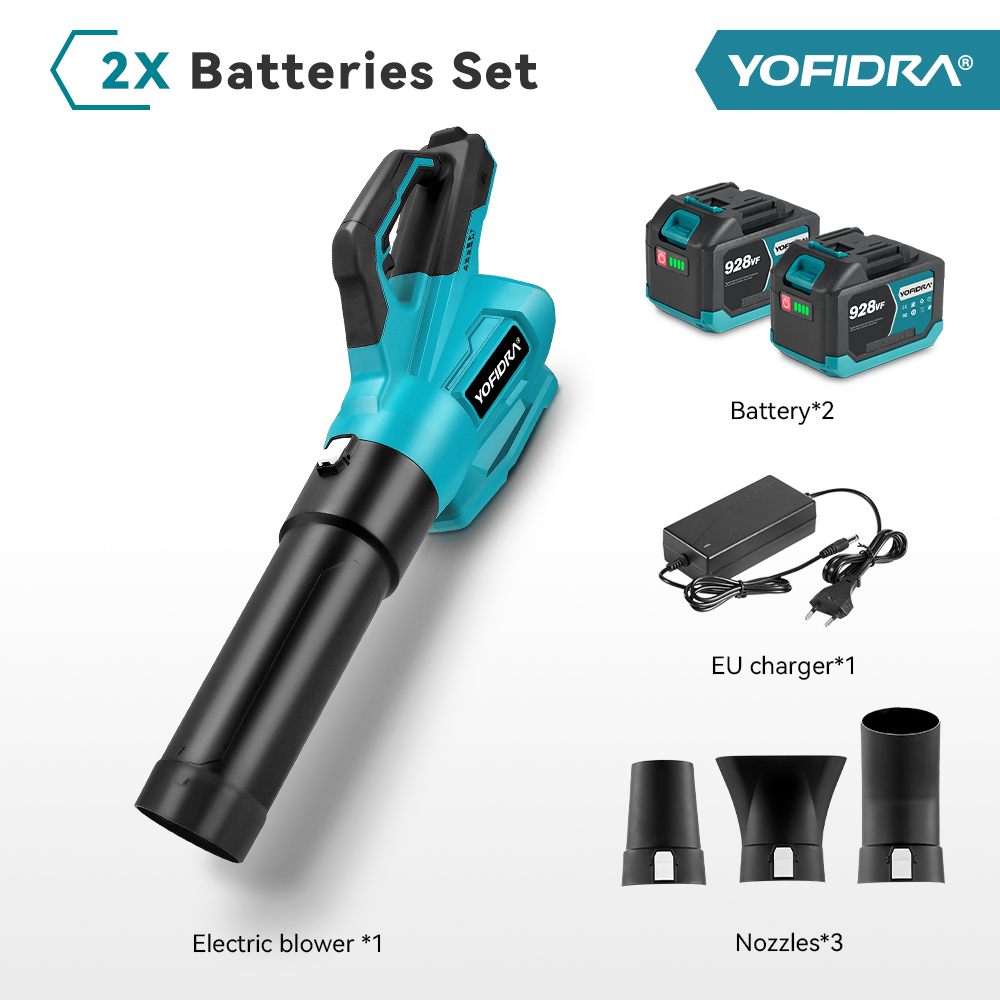 Juhtmevaba Lehepuhur 2000W 18V – YOFIDRA Harjadeta Õhupuhur 2x 388VF Akuga + Kohver ja 3 Otsikut – Aia, Auto, Garaaži, Tolmu ja Lumi Puhastuseks - Image 6