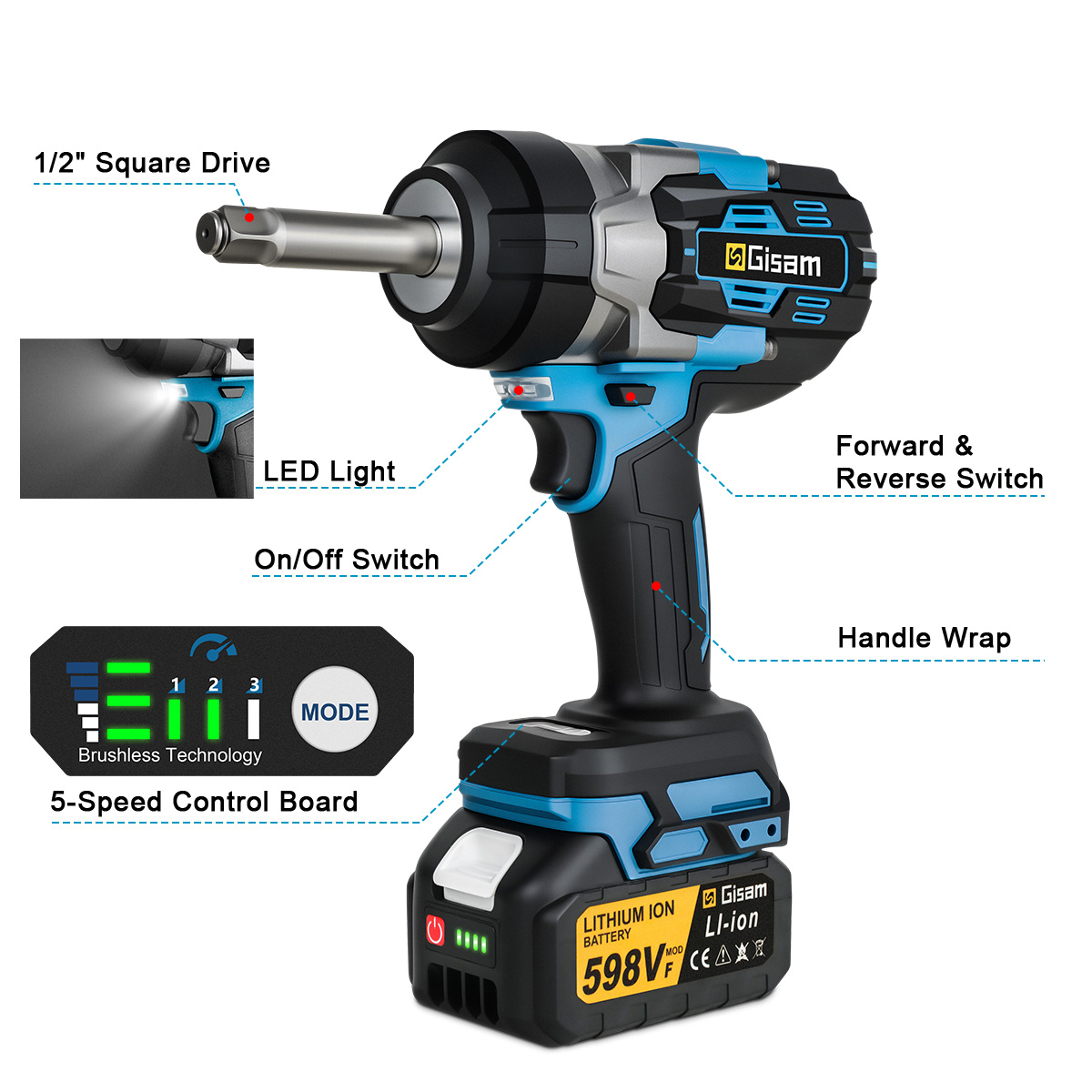 2800N.M Löökmutrikeeraja 1/2'' Pikendatud Võlliga + 2x 4.0Ah Aku + Kohver – 18V Makita Akuühilduv + LED Töövalgus + 5 Käiku - Image 6