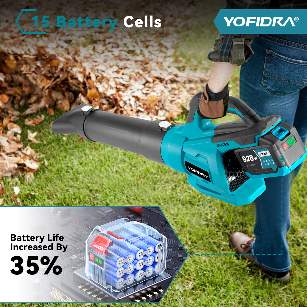 Juhtmevaba Lehepuhur 2000W 18V – YOFIDRA Harjadeta Õhupuhur 2x 388VF Akuga + Kohver ja 3 Otsikut – Aia, Auto, Garaaži, Tolmu ja Lumi Puhastuseks - Image 3