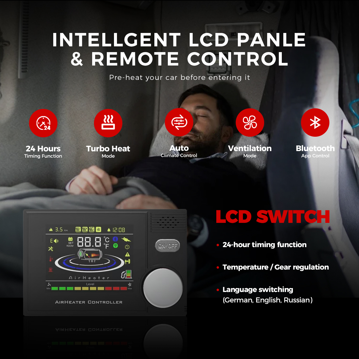 8KW Sunster Diiselsoojendi 12V/24V/220V – LCD Ekraan, Bluetooth & Puldiga – Kütteseade Matkaautodele, Garaažile, Telki, Sõidukile - Image 2