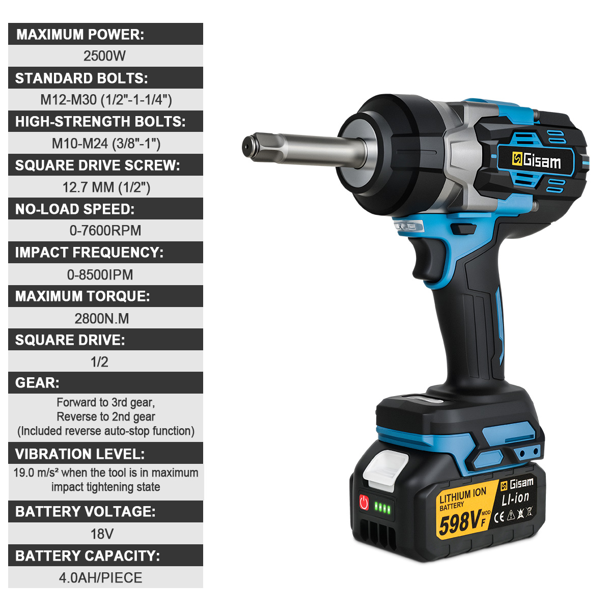 2800N.M Löökmutrikeeraja 1/2'' Pikendatud Võlliga + 2x 4.0Ah Aku + Kohver – 18V Makita Akuühilduv + LED Töövalgus + 5 Käiku - Image 3