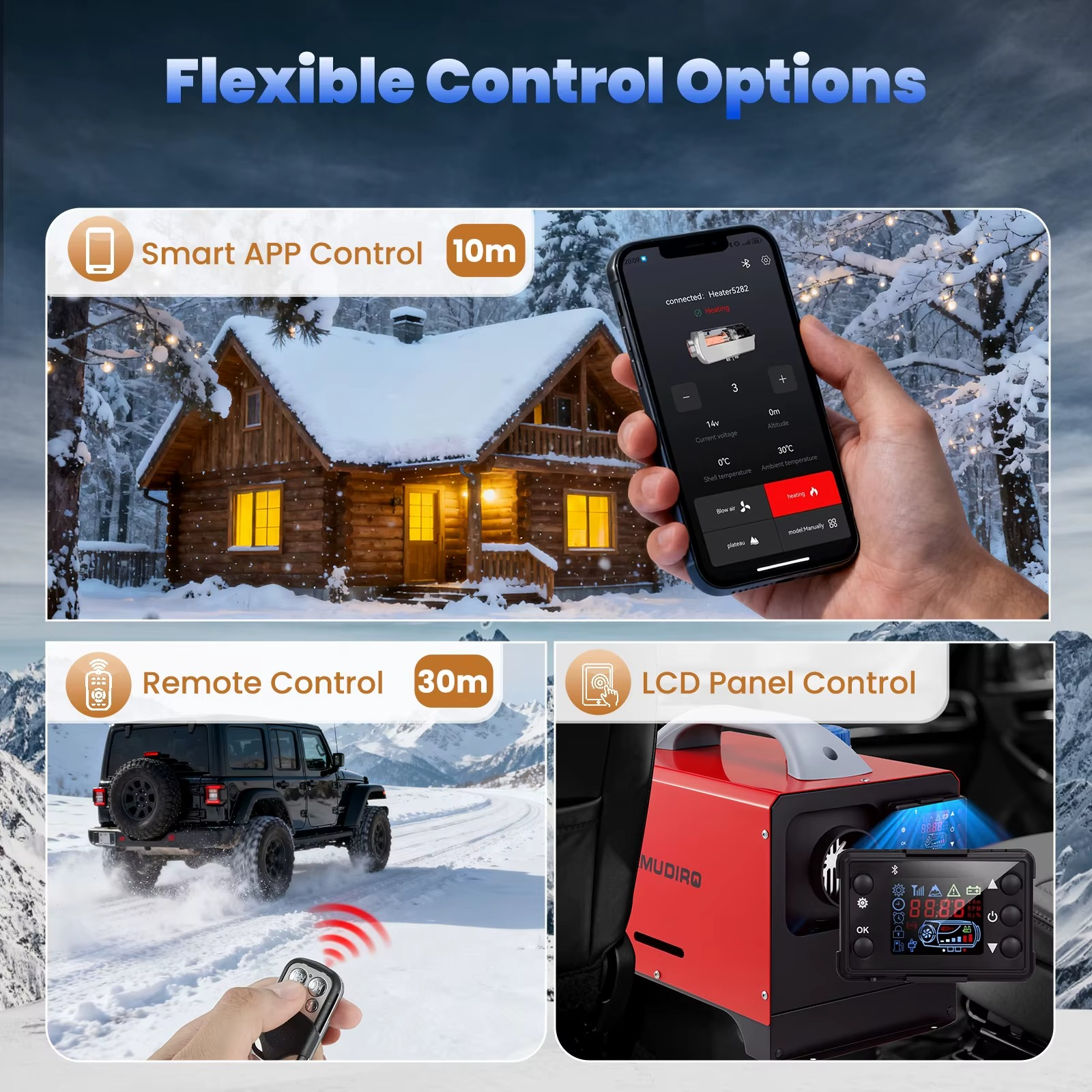 Diiselõhkkütteseade MUDIRO 8kW 220V adapteriga – Bluetooth, kaugjuhtimispult ja LCD ekraan - Image 3