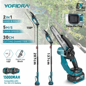 YOFIDRA 8-tolline teleskoop-akukettsaag – harjadeta 5000W mootoriga võimas oksasaag teleskoopvarrega, 2 akuga komplekt.