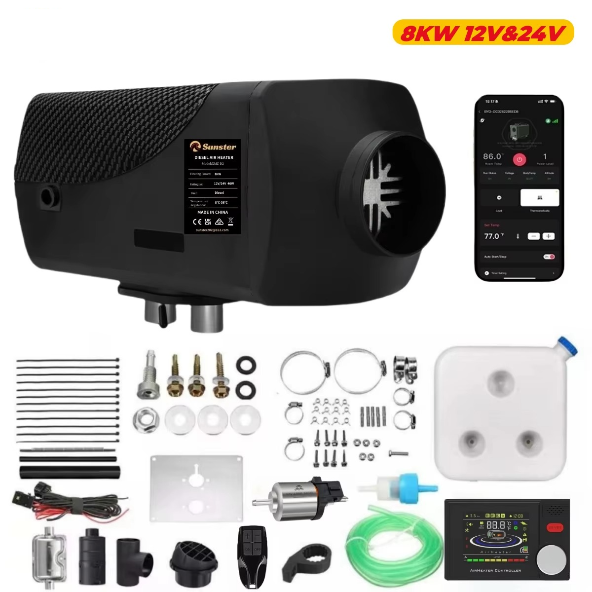 Sunster 8kW diisel soojendi – 12V/24V kütteseade Bluetooth-juhtimise, LCD-ekraani ja puldiga sõidukitele ja ruumidele