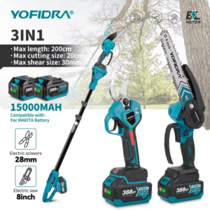 YOFIDRA 3in1 teleskoop oksalõikur – akutoitel kettsaag ja oksakäärid harjadeta mootoriga kõrgete okste lõikamiseks