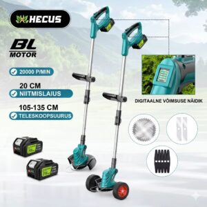 HECUS akutoitega murutrimmer 21V – harjavaba mootoriga teleskooptrimmer 2 akuga ja 3 lõiketeraga