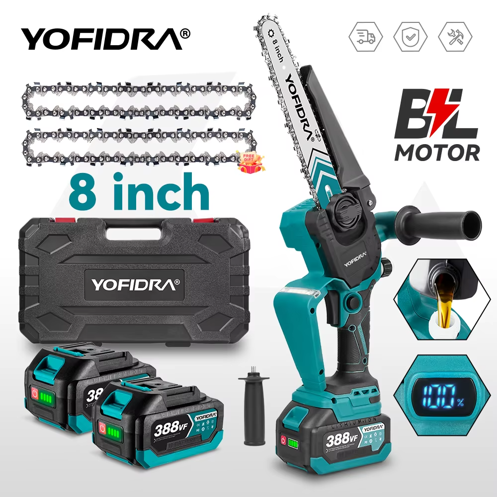 Yofidra 8″ akutoitega kettsaag 4500W – harjavaba mootoriga kompaktne kettsaag 2 akuga aiatöödeks