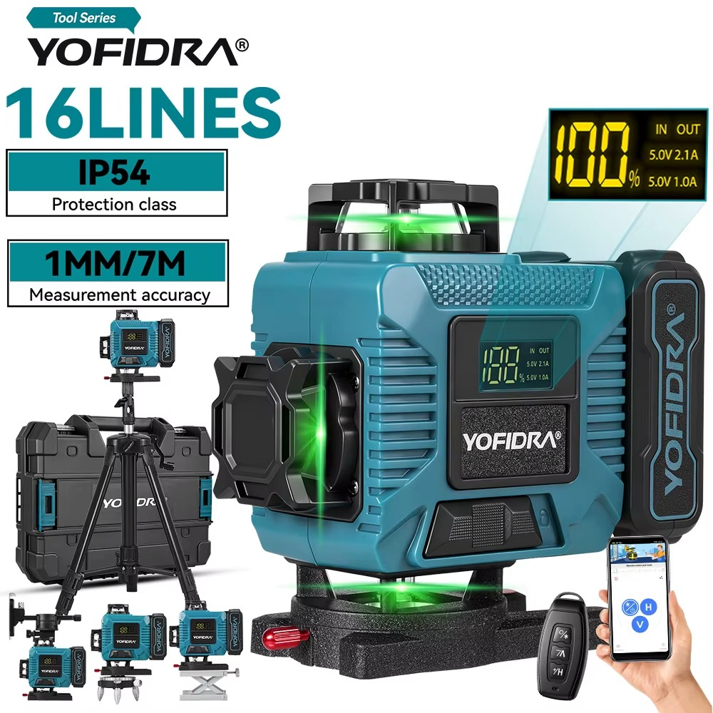 Yofidra 16-jooneline 4D laserlood rohelise laseriga – 360° isenivelleeruv laserlood statiiviga