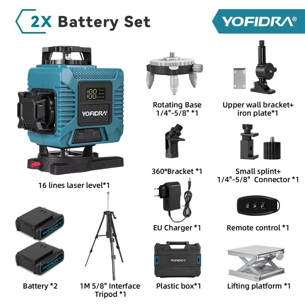 Yofidra 4D laserlood 16 joont 360° – isenivelleeruv ristlaser statiiviga, pult + äpp, 2 akut, IP54 - Image 4