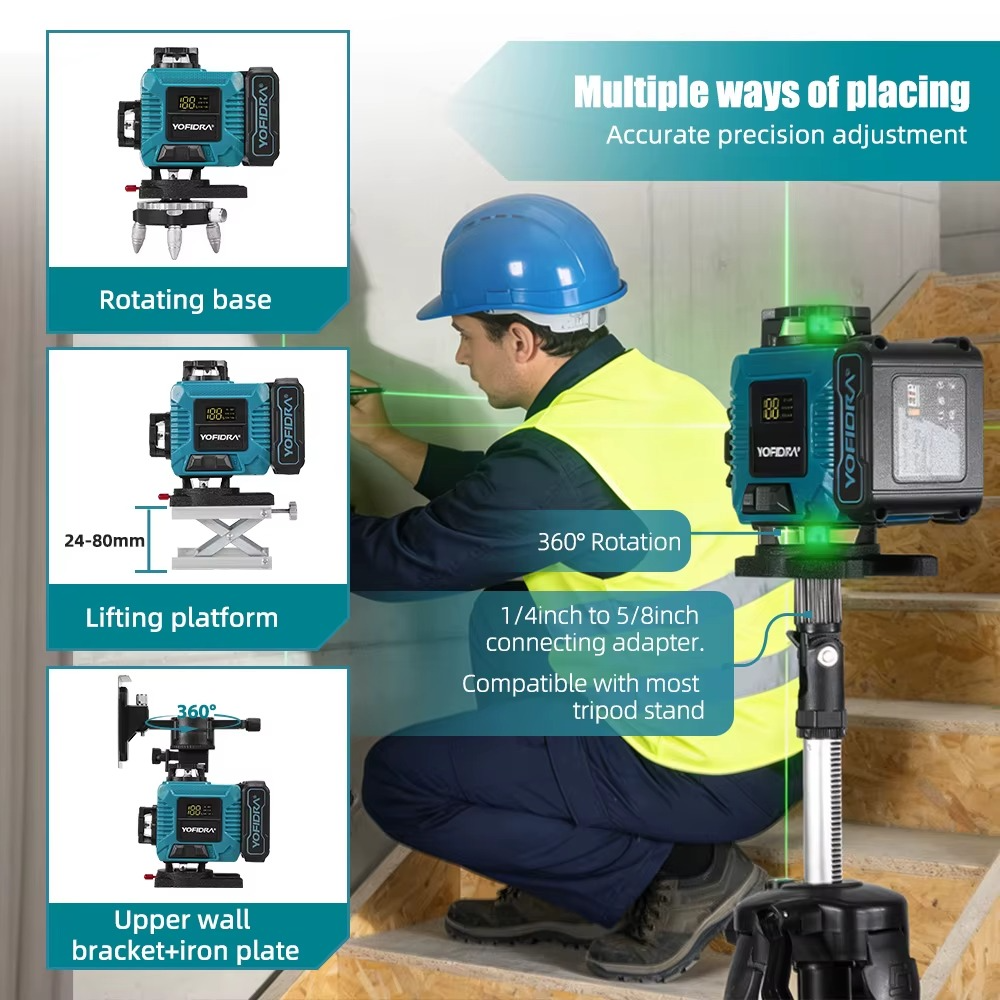 Yofidra 4D laserlood 16 joont 360° – isenivelleeruv ristlaser statiiviga, pult + äpp, 2 akut, IP54 - Image 7